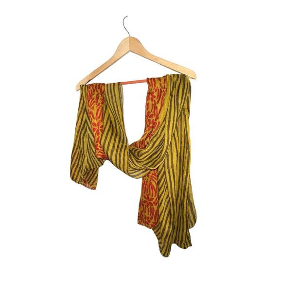 Boho Floral Stripe Scarf Yellow Red Block Print Wrap 70x46 Women’s One Size - Picture 4 of 6